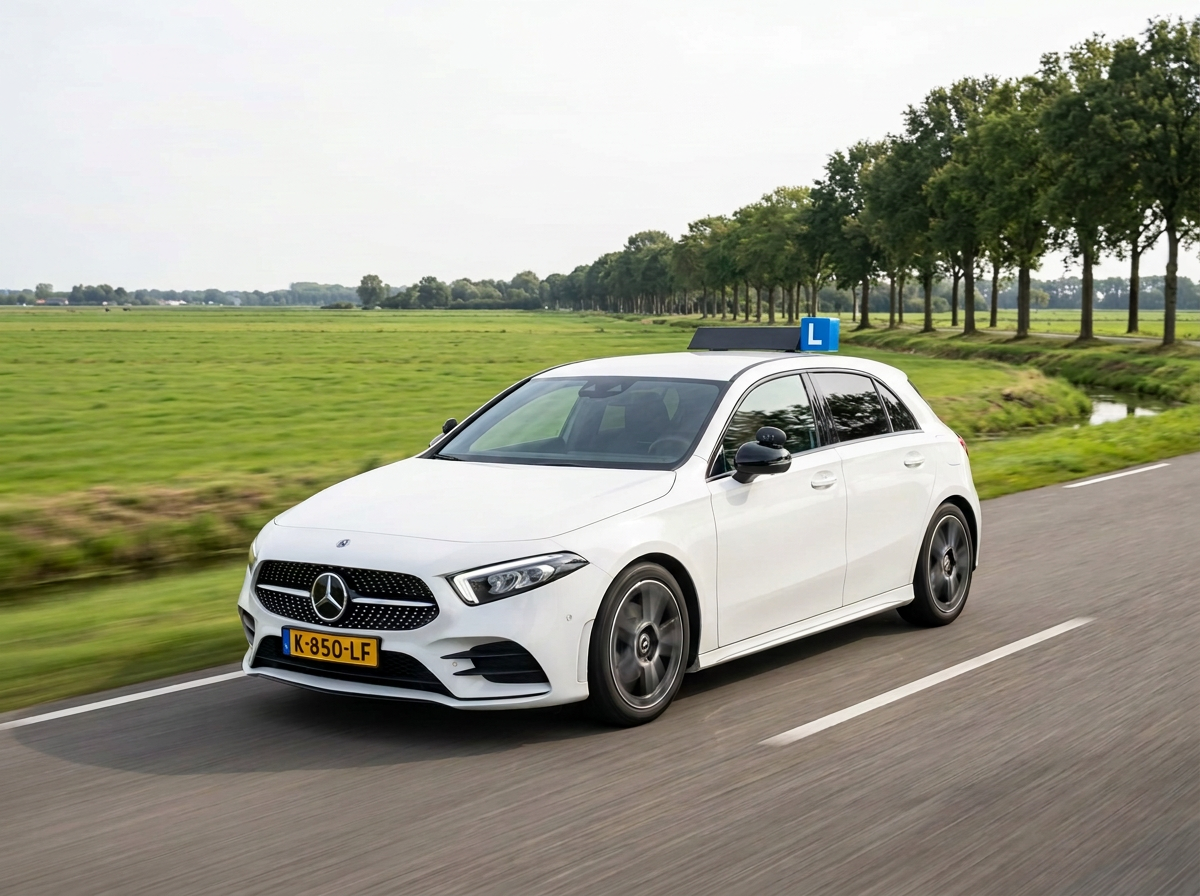 De witte Mercedes A-Klasse lesauto van Rijschool Bekwaam rijdend langs groene weilanden