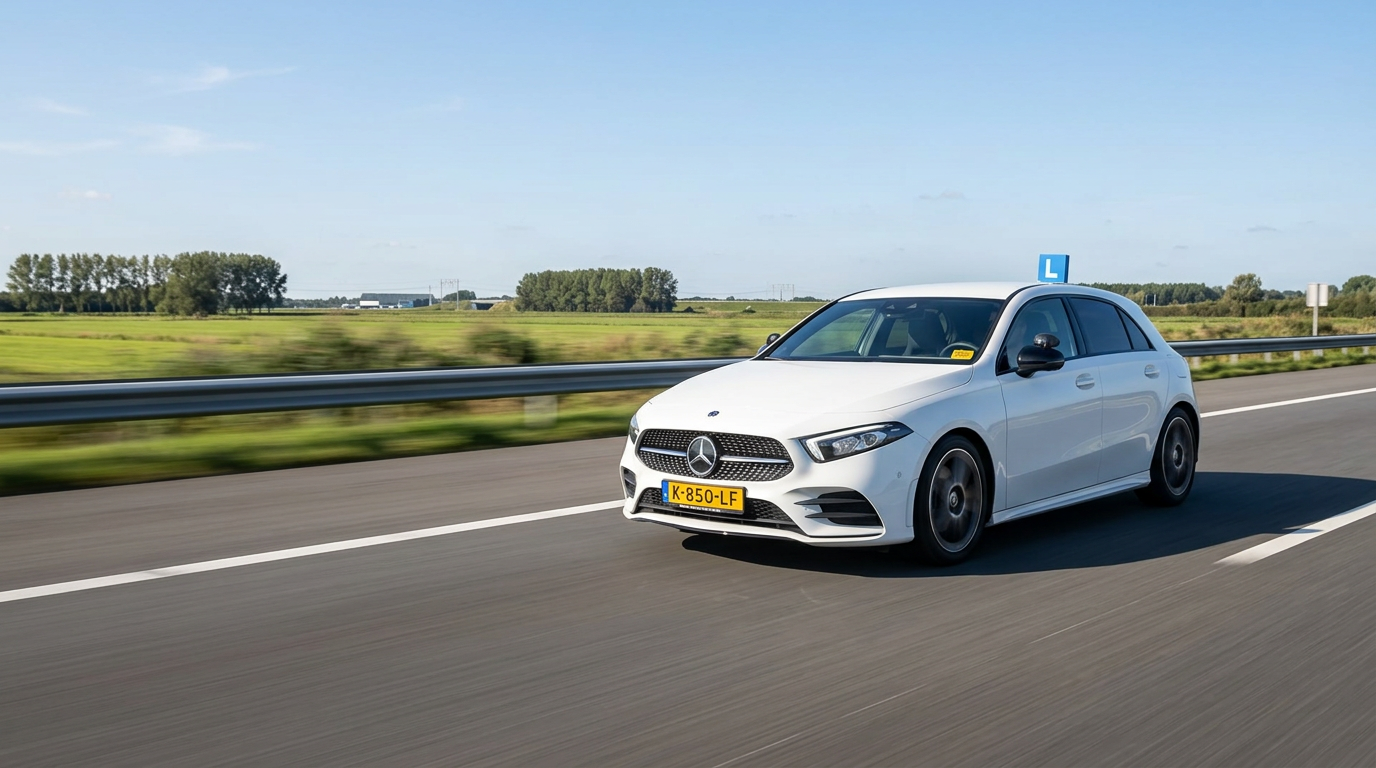 De witte Mercedes lesauto van Rijschool Bekwaam rijdend op de snelweg
